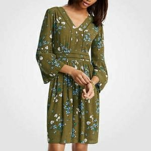 Ann Taylor Floral Flare Sleeve Cutout Green Dress